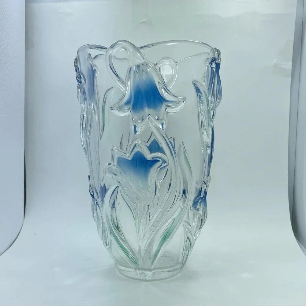 Mikasa Bluebells Vase Embossed Glass Blue Tulips Green Leaves Relief 8" Tall - Picture 2 of 7